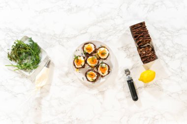 Taze otlar ve limon lezzeti ile süslenmiş tütsülenmiş somon kanapelerinin yukarıdan görünüşü. Bu nefis aperatiflerde çıtır kraker, krem peynir ve narin somon balığı var.