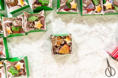 Süslü zencefilli kurabiye ve şenlikli ambalajlı Noel kurabiyesi kutularından oluşan Noel esinlenilmiş bir daire. Parlak kırmızı bir 