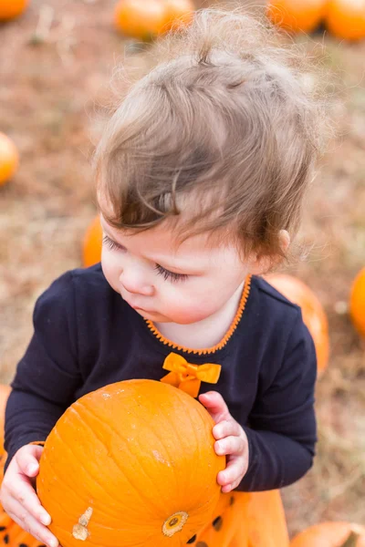 Flicka på Pumpkin patch — Stockfoto