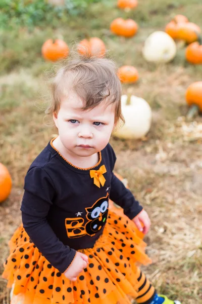 Flicka på Pumpkin patch — Stockfoto