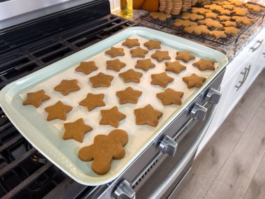 Parşömen kağıdıyla kaplanmış bir fırın tepsisinde taze zencefilli kurabiye ve zencefilli kurabiye bulunur. Tepsi bir fırının üzerinde duruyor. Altını aydınlatan sıcak bir mutfak ışığı var.