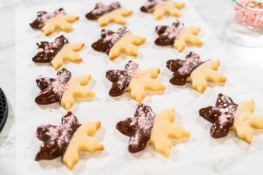 Parşömen kağıdında ezilmiş nane şekeriyle kaplı çikolata soslu kar tanesi şekerli kurabiyenin yakın çekimi..