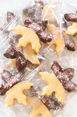 Çikolata soslu nane şekeri kurabiyeleri hediye ve depolama için yeniden mühürlenebilir poşetlere yerleştirilmiş..