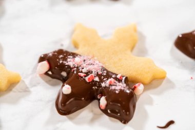 Parşömen kağıdında ezilmiş nane şekeriyle kaplı çikolata soslu kar tanesi şekerli kurabiyenin yakın çekimi..