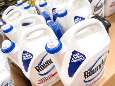 Parker, Colorado, ABD-11 Mayıs 2025 - Bir mağaza rafında çok sayıda galon büyüklüğünde ot ve ot öldürücü konteynır düzenlenmiştir. Şişelerde mavi kapaklar ve kalın markalar var..