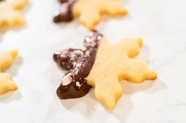 Parşömen kağıdında ezilmiş nane şekeriyle kaplı çikolata soslu kar tanesi şekerli kurabiyenin yakın çekimi..