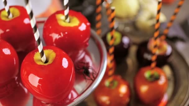 Candy apples for Halloween party — Stock Footage Candy apples for Halloween party Royalty Free Stock Video