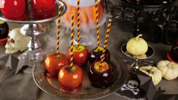 Candy apples for Halloween party — Stock Footage Candy apples for Halloween party Royalty Free Stock Video