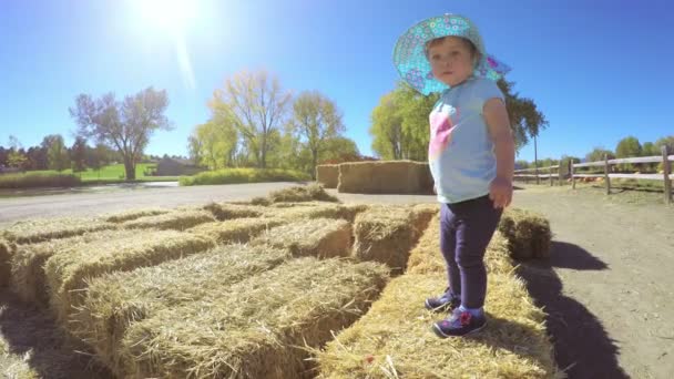 Meisje op pompoen patch — Stockvideo