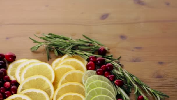 Geschnittene Früchte für Winter-Sangria. — Stockvideo
