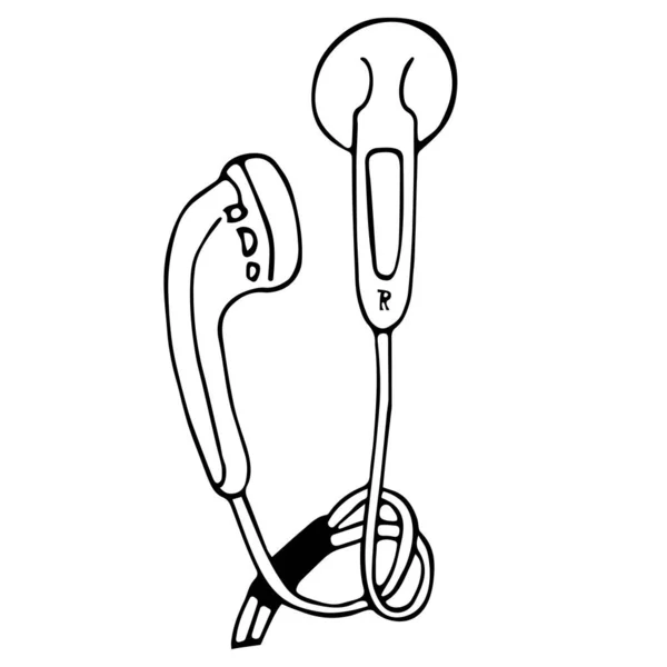 Ilustración vectorial de auriculares. Objeto, imagen lineal de auriculares musicales. Imagen aislada en el estilo doodle. — Archivo Imágenes Vectoriales