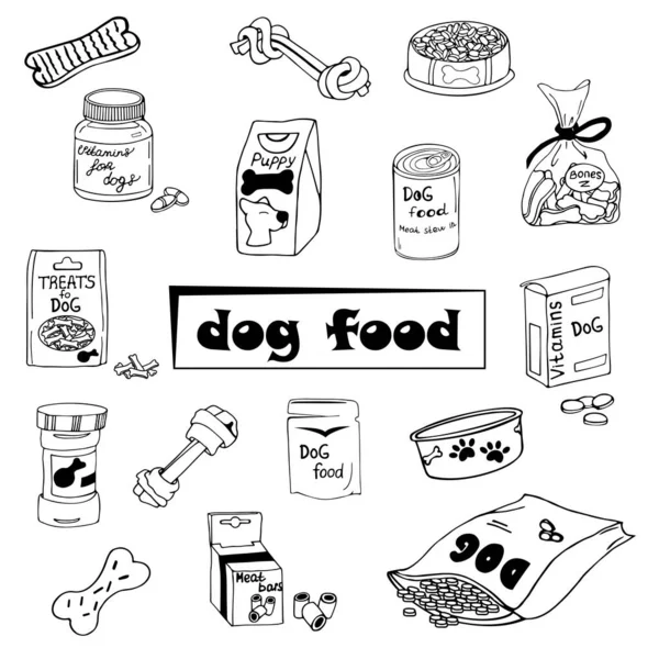 狗食的媒介形象是涂鸦式的.狗粮、维生素、黑白线形设计疗法图例 — 图库矢量图片