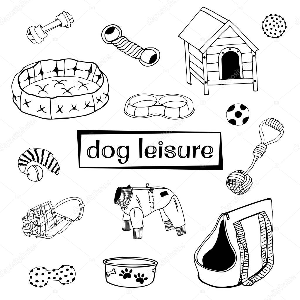 Vector illustration of objects for dogs in doodle style. Image of a dog bed, dog toys, muzzle, dog clothes, bowl, and bones in black and white. Isolated drawings for dog leisure