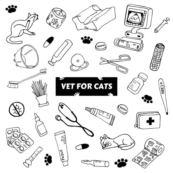 Kedilerin tedavisi için vektör seti. Kediler için karalama tarzında izole edilmiş veteriner çizimleri. — Stok Vektör