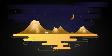 Bir gece, sarı tepeler, siyah gökyüzü, beyaz at ile güzel altın manzaranın vektör çizimi.