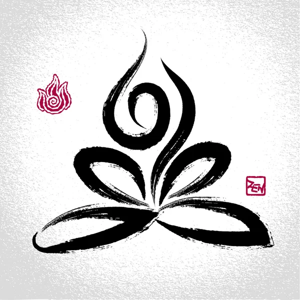 Postura de loto de yoga y símbolo de elemento de fuego con pincelada oriental — Vector de stock