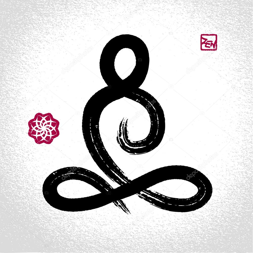 Yoga lotus pose and flower symbol with oriental brushwork style