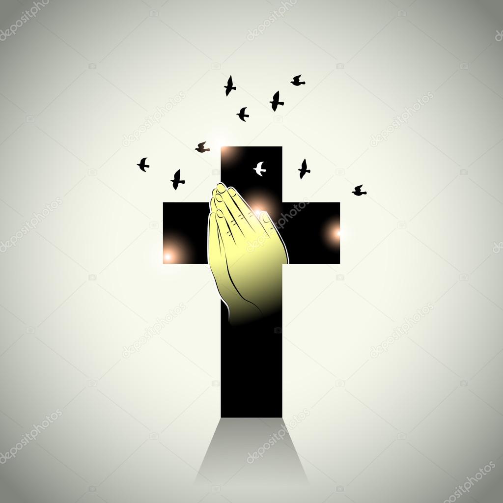 Vector: Two hands with prayer in cross and pigeons flying