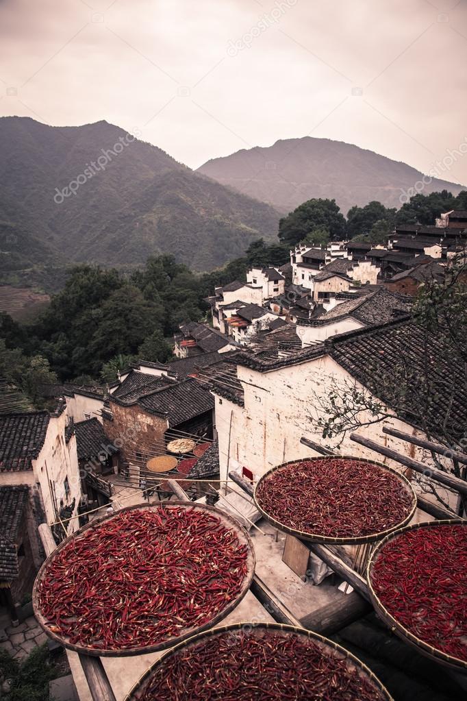 Sun Crops on old Chinese roofs in rural China