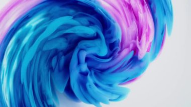 Beyaz zemin üzerinde suyun arka planında pembe ve mavi harmanlanmış mürekkep, güzel girdap şekilleri oluştururken,.