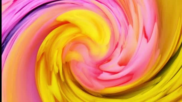 流れるような効果を持つピンクと黄色のアクリルテクスチャ。液体塗料スプラッシュや渦とアートワークを混合。黒の背景 — ストック動画
