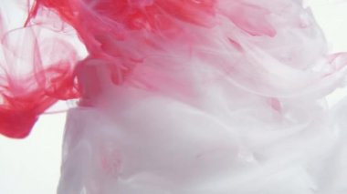 Yukarıdan renkli kırmızı ve beyaz boya damlaları suya karışıyor. Mürekkep suyun altında dönüyor. Mürekkep bulutu izole edildi. Renkli soyut