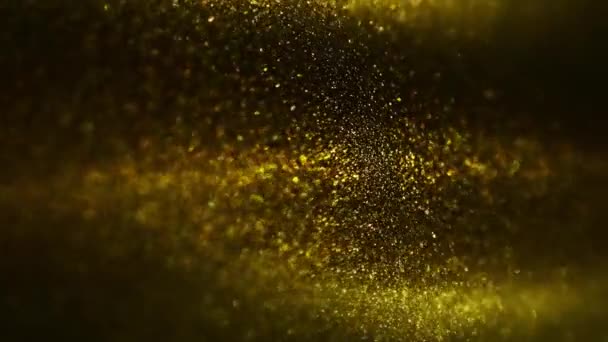 Zlatý inkoust ve vodě s rychlokamerou. Zlaté kapky barvy kapky, reagující, vytváří abstraktní mraky formace metamorfózy na černé. — Stock video