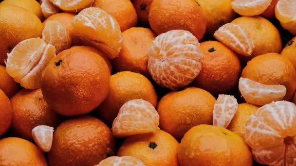 Sok friss sárga mandarin. Citrusfélék. — Stock videók