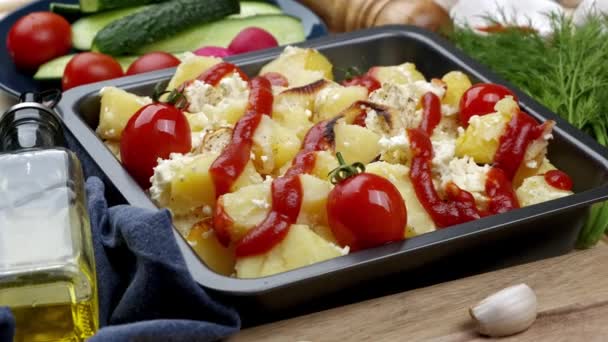 Pieczone ziemniaki na blasze z pomidorami i serem. podawane ze świeżymi ziołami. menu wegetariańskie — Wideo stockowe