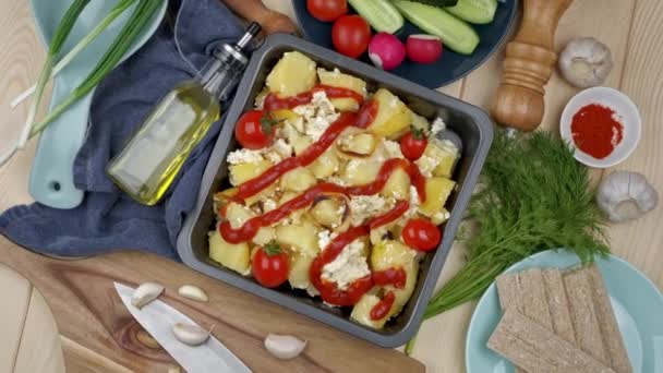 Groenten gebakken in de oven. Tomaat en aardappelen worden op de pan gelegd. Platte lay bovenaanzicht — Stockvideo