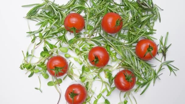 Tomates frescos sobre fondo blanco, vista superior — Vídeos de Stock