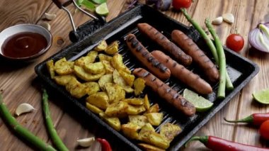 Koyu ahşap arka planda fırında patates ve ızgara soya sosisi. Düz yatıyordu. vegan fast food