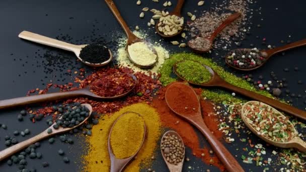 Dry colorful spices in spoons and bowls with fresh seasoning on dark background, top view — 图库视频影像