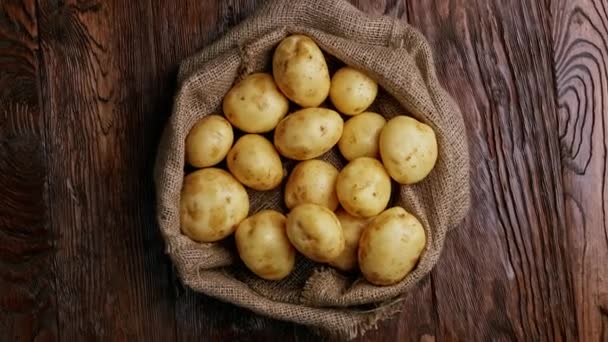 Colha batatas em saco de serapilheira no fundo rústico. deitado plano — Vídeo de Stock