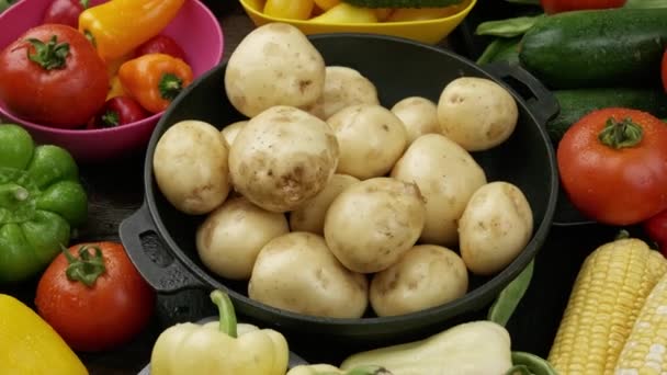 Uppsättning råa grönsaker för matlagning potatis grönsaksgryta. Hälsosam kost koncept — Stockvideo