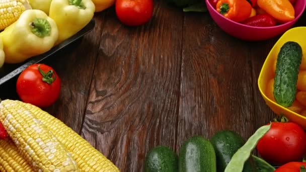 Healthy food on wooden table. Top view with copy space — Stock Video