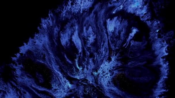 Fluid art. Dark neon blue black colors ink and shiny particles macro. Liquid abstractions. Abstract painting texture. Moving color background. — 비디오