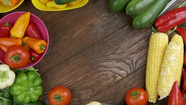 Healthy food on wooden table. Top view with copy space — Stock Video