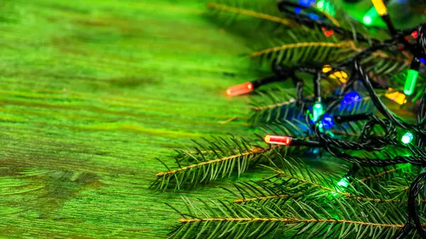 Christmas Garland Green Wooden Background — Stock Photo, Image