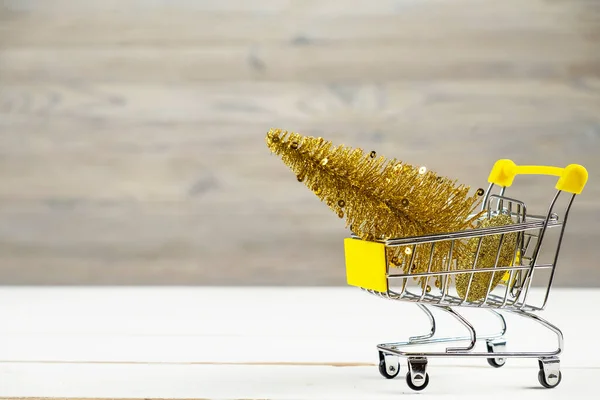 Kleiner Einkaufswagen Mit Weihnachtsbaum Kopierraum — Stockfoto