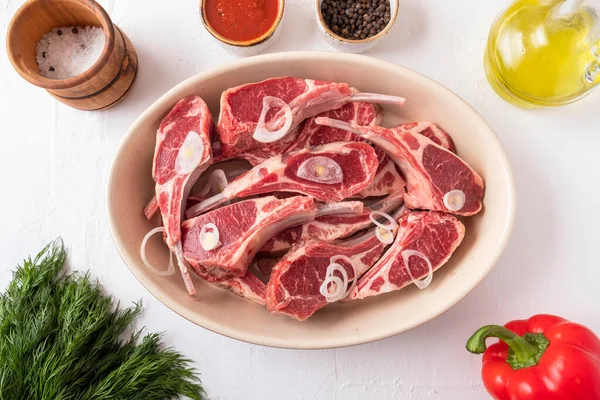 Carne Fresca Crua Osso Com Ingredientes Para Marinar Cozinhar Vista — Fotografia de Stock