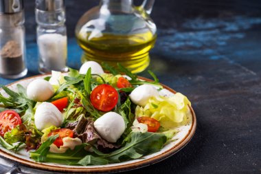 Diyet ve mozzarella peynirli, roka, marul ve vişneli domatesli sağlıklı salata. Metin uzayı