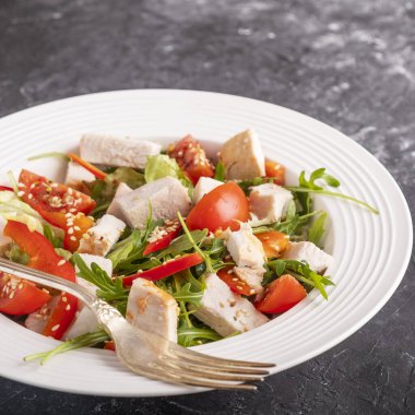 Tavuklu salata, vişneli domates, kırmızı biber ve roka. Sağlıklı gıda konsepti. Yaşam biçimi