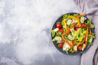 Tabakta taze sebze salatası. Üst görünüm, alanı kopyala