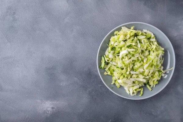 Fresh Cabbage Salad Cucumber Dill Plate Top View Text Space — Stock Photo, Image