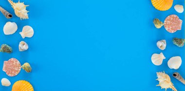 Mavi arka planda mermiler. Yaz ve meslek kavramı. Üst manzara, afiş. Metin için çerçeve