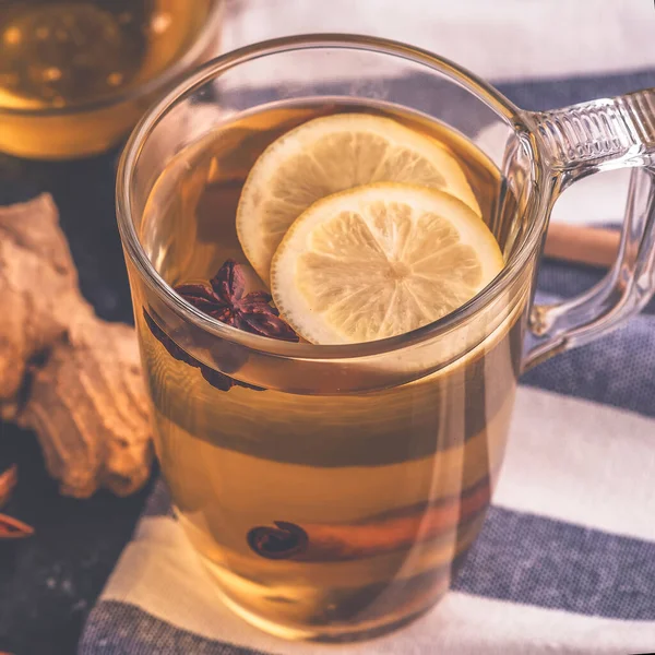 Chá Quente Com Gengibre Limão Mel Foto Tonificada — Fotografia de Stock