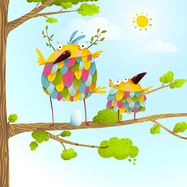 Funny bird on tree family mother