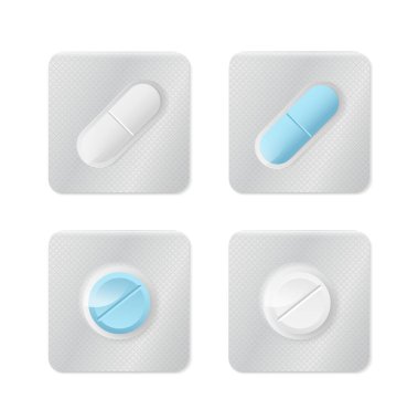 Haplar veya kapsüller tablet tasarımı için su toplama paketinde beyaz ve mavi.