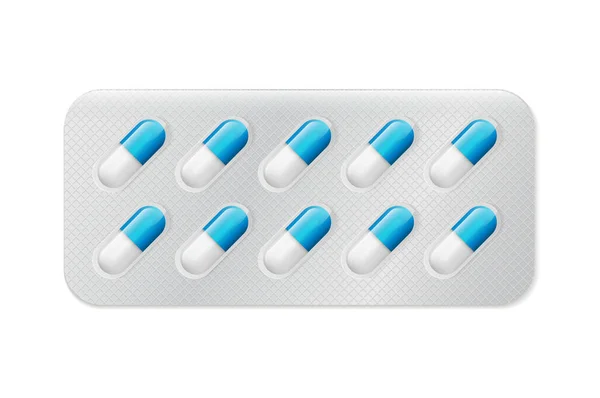 Comprimidos Cápsulas Brancas Azuis Embalagem Blister Para Desenho Comprimido —  Vetores de Stock
